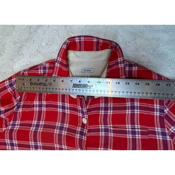 L.L. Bean Womens Button Fleece-Lined Flannel Shirt Jacket Large Red Plaid Casual - Picture 4 of 9